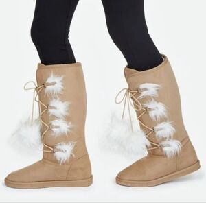 JustFab Faux Fur Lace Up Pom Pom Accent Tan Boots Size 9M